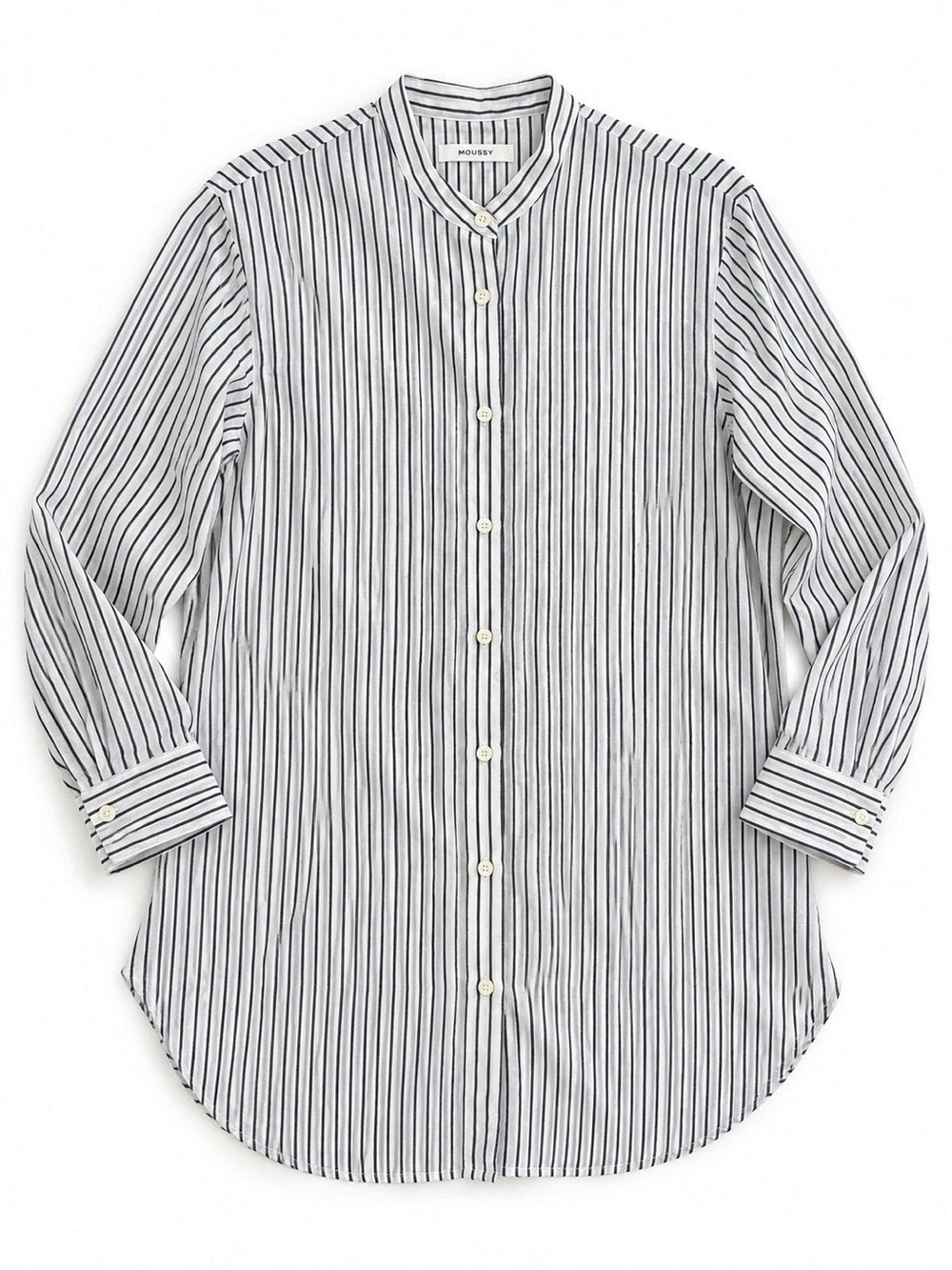 MOUSSY Striped Collarless Button-Up Shirt | White Grey Pinstripe Long Sleeve